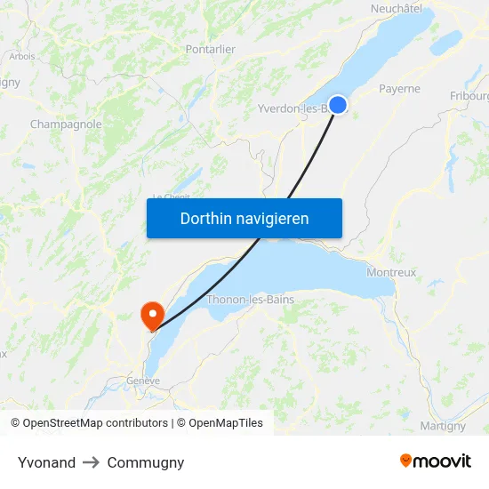 Yvonand to Commugny map