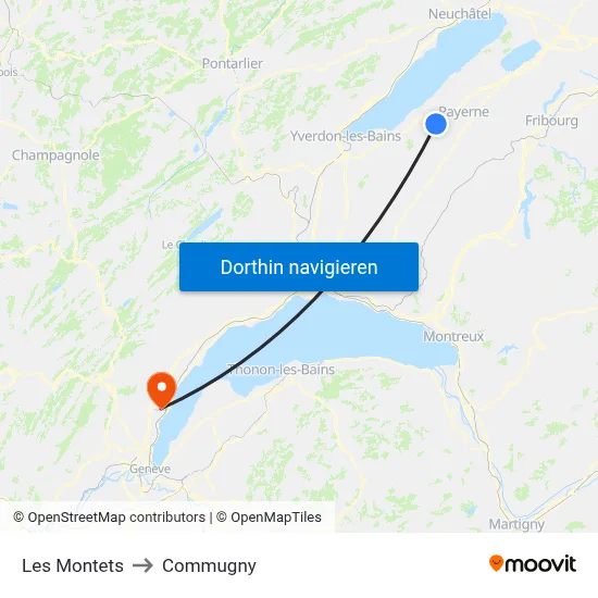 Les Montets to Commugny map