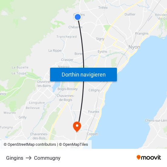 Gingins to Commugny map