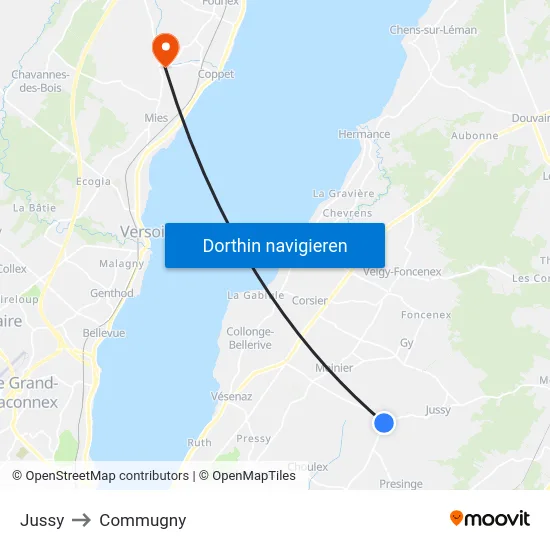 Jussy to Commugny map