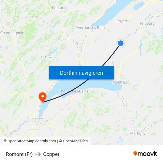 Romont (Fr) to Coppet map