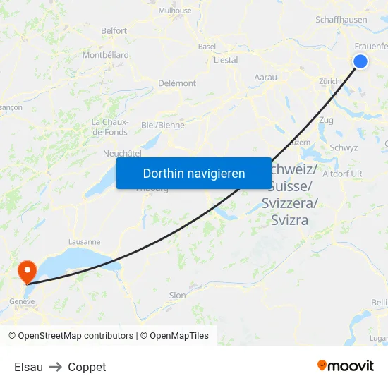Elsau to Coppet map