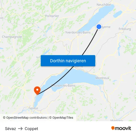 Sévaz to Coppet map