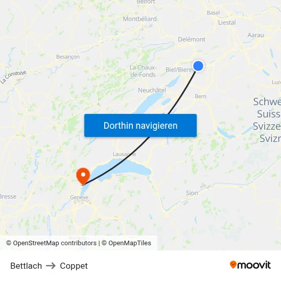 Bettlach to Coppet map