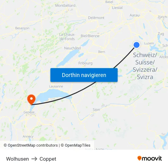 Wolhusen to Coppet map