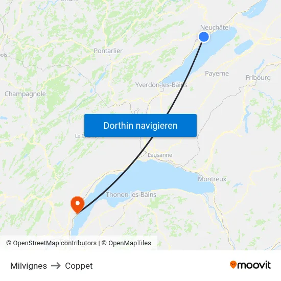 Milvignes to Coppet map