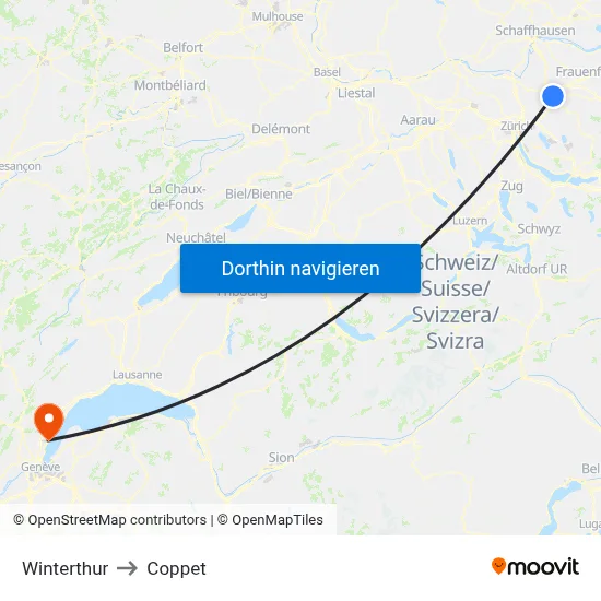 Winterthur to Coppet map