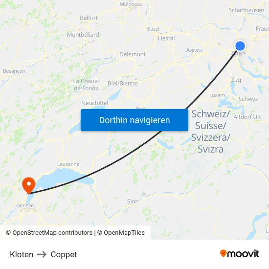 Kloten to Coppet map