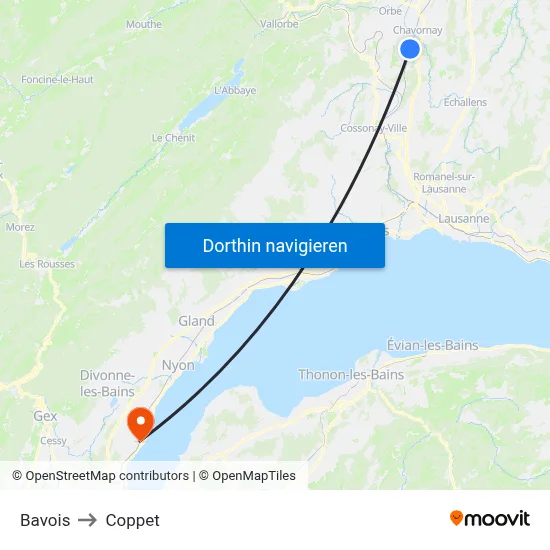 Bavois to Coppet map