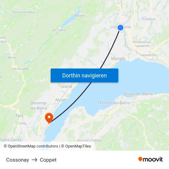 Cossonay to Coppet map