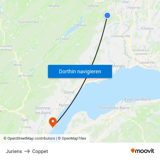 Juriens to Coppet map