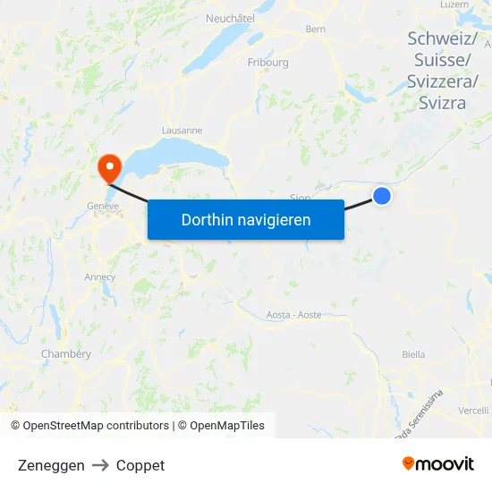 Zeneggen to Coppet map