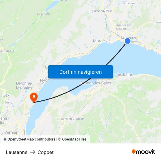 Lausanne to Coppet map