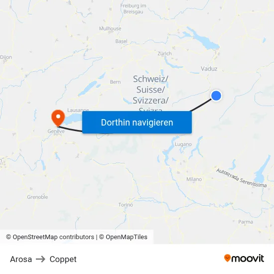 Arosa to Coppet map