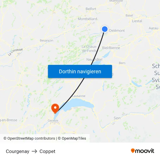 Courgenay to Coppet map