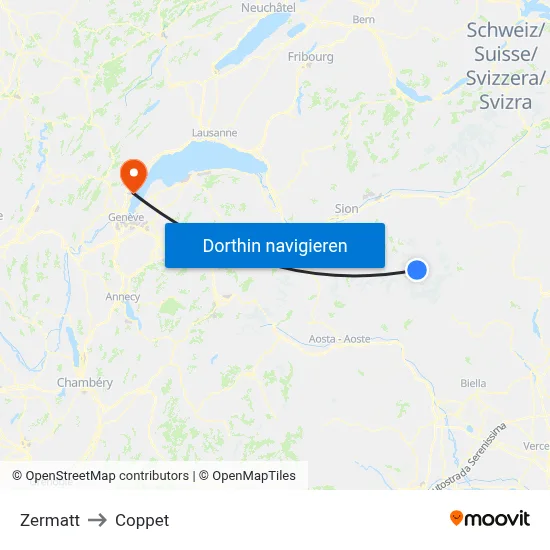 Zermatt to Coppet map