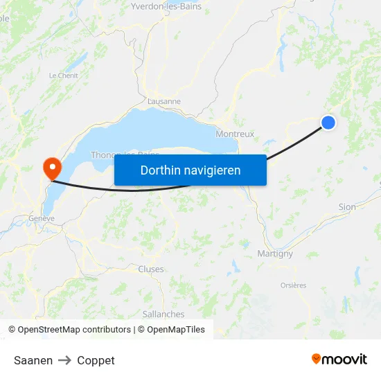 Saanen to Coppet map