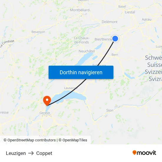 Leuzigen to Coppet map