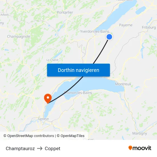 Champtauroz to Coppet map