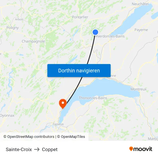 Sainte-Croix to Coppet map