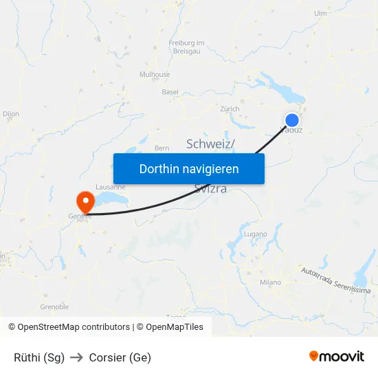 Rüthi (Sg) to Corsier (Ge) map