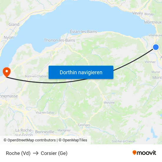 Roche (Vd) to Corsier (Ge) map
