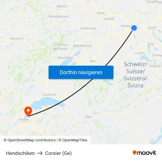 Hendschiken to Corsier (Ge) map