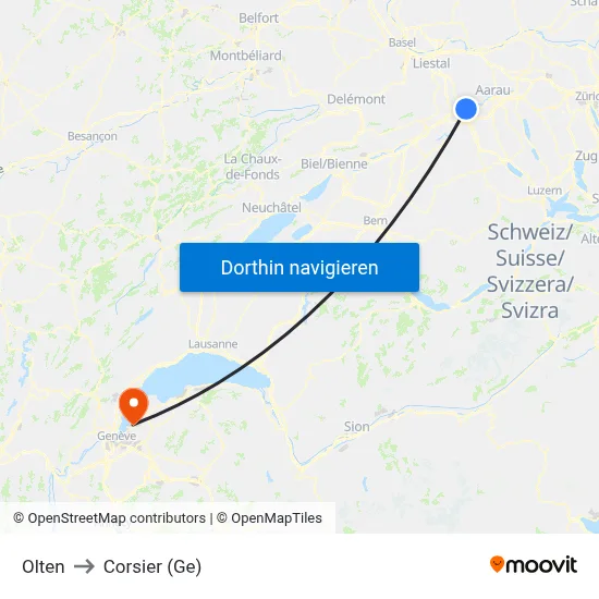 Olten to Corsier (Ge) map