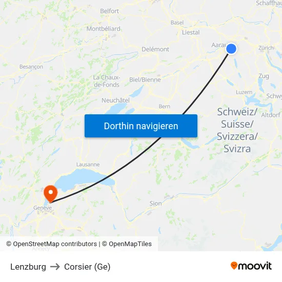 Lenzburg to Corsier (Ge) map