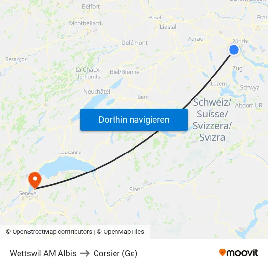 Wettswil AM Albis to Corsier (Ge) map