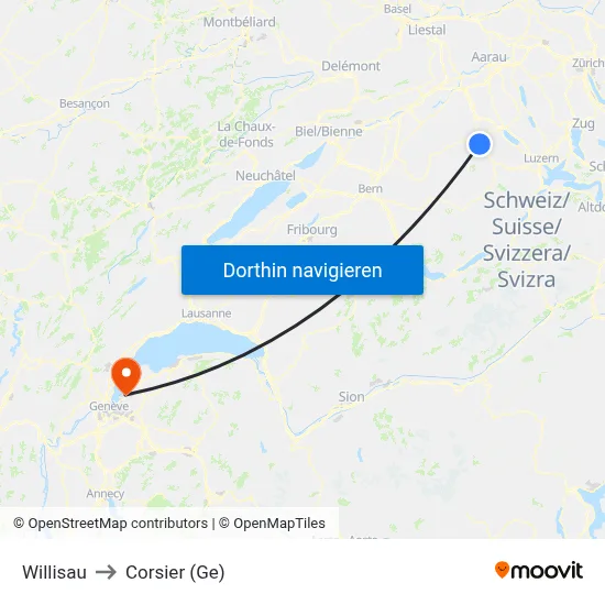 Willisau to Corsier (Ge) map