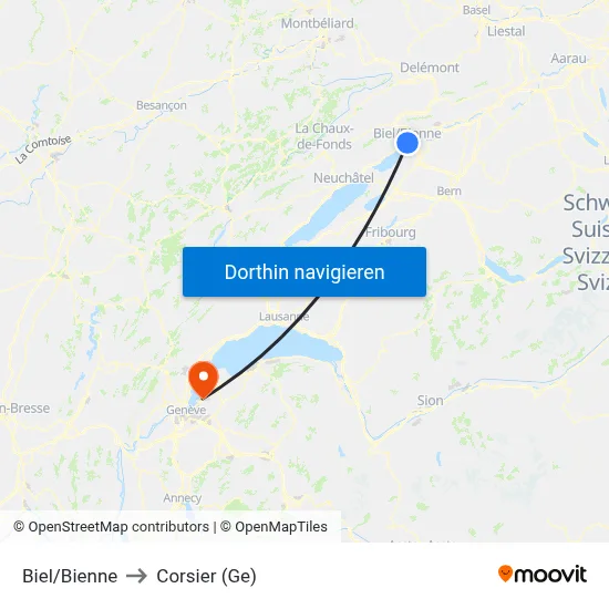 Biel/Bienne to Corsier (Ge) map