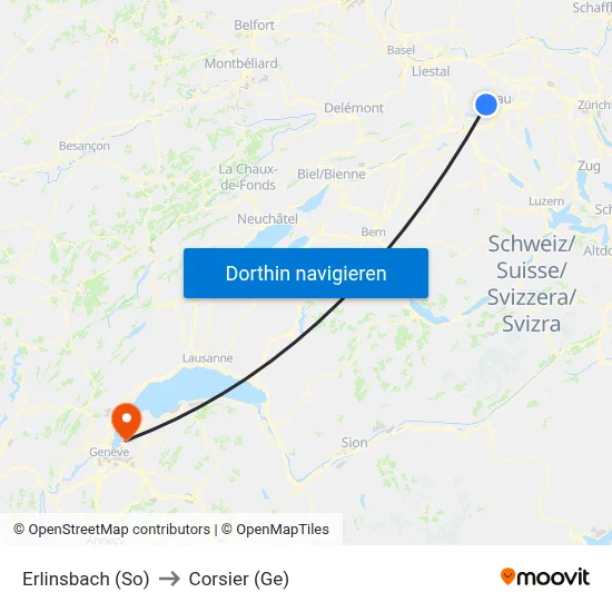 Erlinsbach (So) to Corsier (Ge) map
