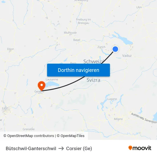 Bütschwil-Ganterschwil to Corsier (Ge) map