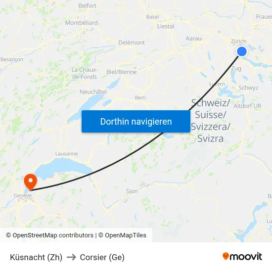 Küsnacht (Zh) to Corsier (Ge) map