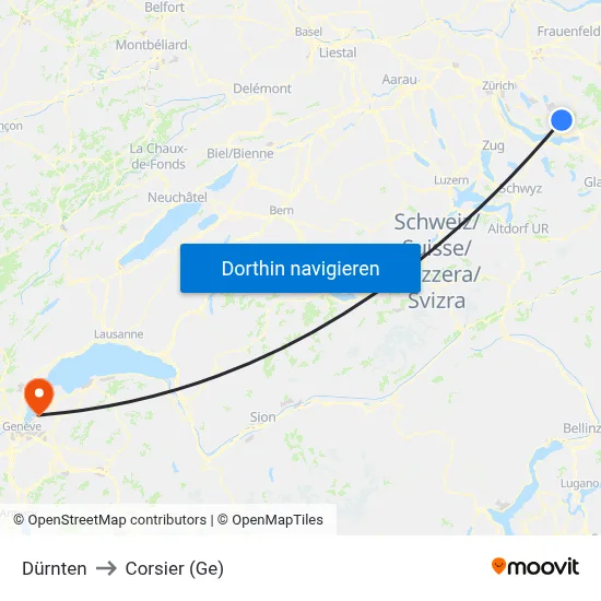 Dürnten to Corsier (Ge) map