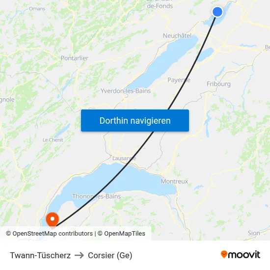 Twann-Tüscherz to Corsier (Ge) map