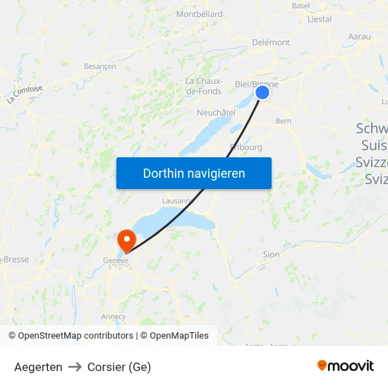 Aegerten to Corsier (Ge) map