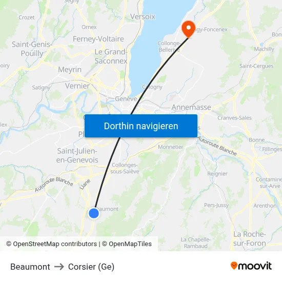 Beaumont to Corsier (Ge) map