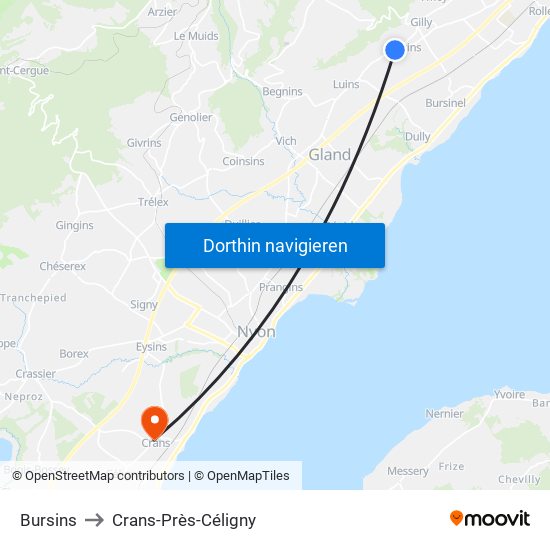 Bursins to Crans-Près-Céligny map
