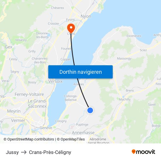 Jussy to Crans-Près-Céligny map