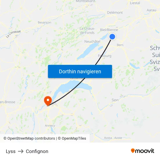 Lyss to Confignon map