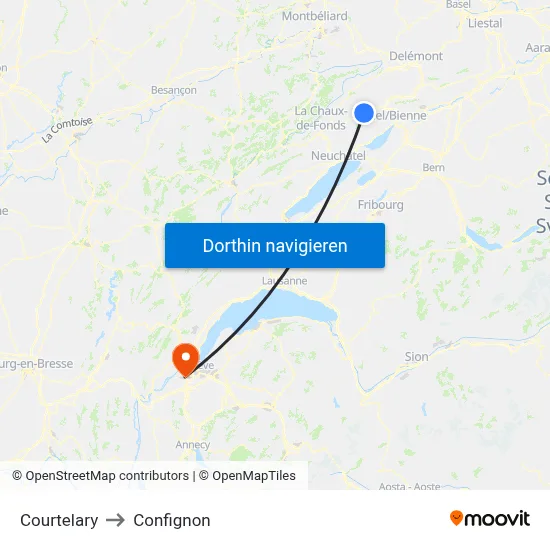 Courtelary to Confignon map