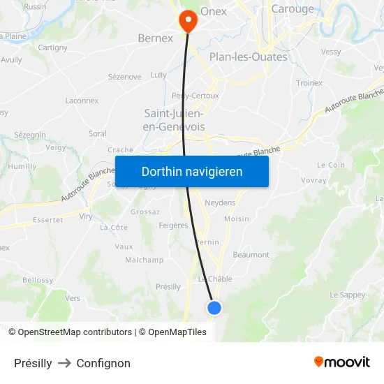 Présilly to Confignon map