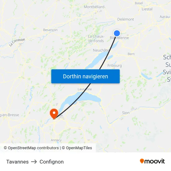 Tavannes to Confignon map