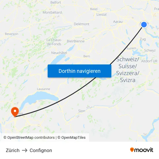 Zürich to Confignon map