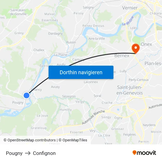 Pougny to Confignon map