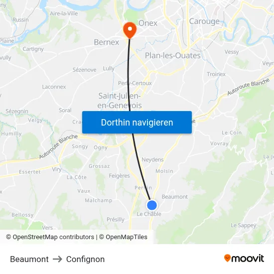 Beaumont to Confignon map
