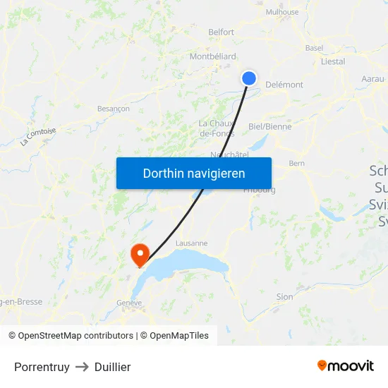 Porrentruy to Duillier map