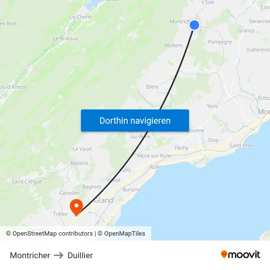 Montricher to Duillier map